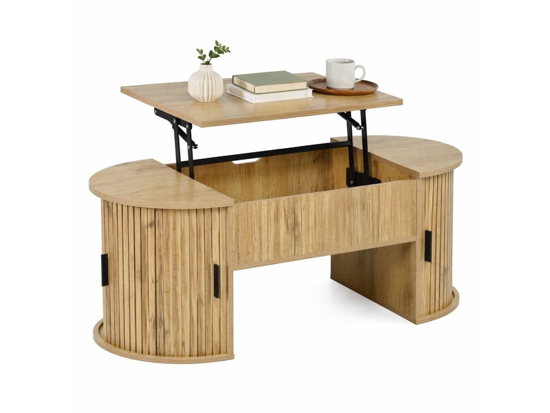 Table basse relevable ovale avec rangement et portes coulissantes - lpospi - étagères ouvertes mdf chêne - Conforama A