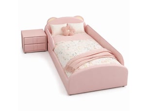Lit simple 90x200 cm rose en pu avec tête de lit ourson et table de chevet