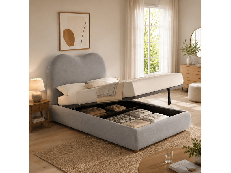  Lit enfant 90 × 200 cm coffre hydraulique avec rangement, sommier à lattes et tête de lit rembourrée en lin gris, chambre  - Conforama D