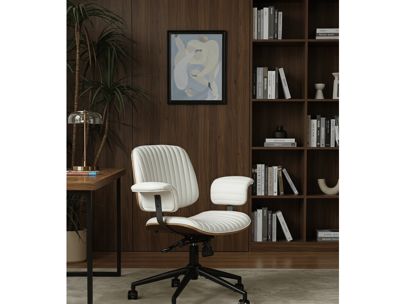  Fauteuil de bureau beige en cuir pu, pivotant à 360°, réglable en hauteur et à roulettes  - Conforama C
