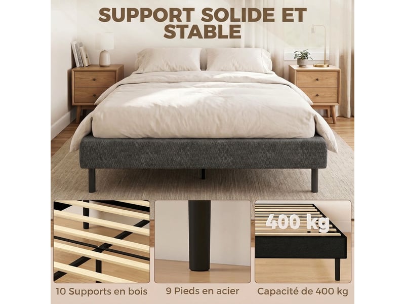  Sommier tapissier 140x190 cm, cadre de lit avec revêtement en chenille, 10 lattes bois, 9 pieds stables, gris  - Conforama D