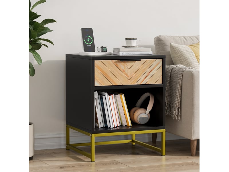  Table de chevet moderne  43 x 40 x 55 cm avec tiroir et niche ouverte, mdf noir et naturel  - Conforama B