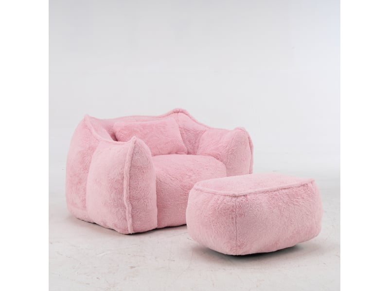  Canapé géant pour adulte et enfant en fausse fourrure avec coussin et repose-pieds, garnissage mousse haute densité, pour lecture et gaming, rose  - Conforama A