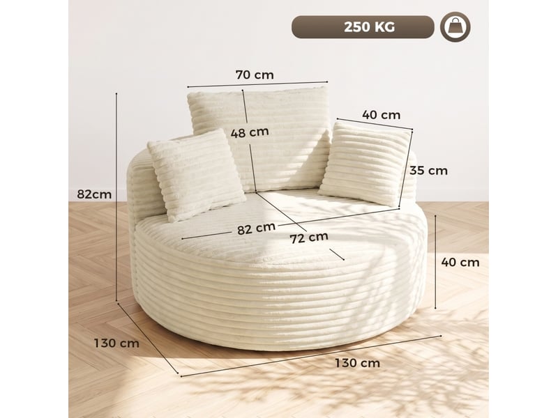 Fauteuil rond 1 place 130x130 cm – crème – assise profonde en mousse haute densité, 4 coussins - Conforama C