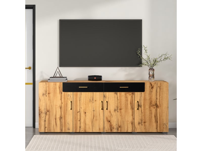 Buffet 4 portes et 2 tiroirs, meuble de rangement 208 cm, effet chêne et noir - Conforama D