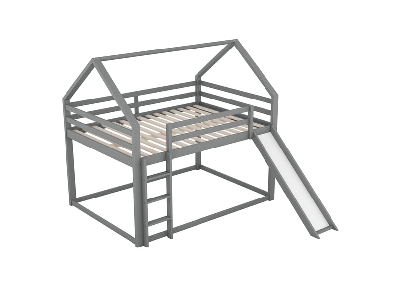 Lit superposé enfant gris 140 × 200 cm, forme maison, avec toboggan et échelle - Conforama D