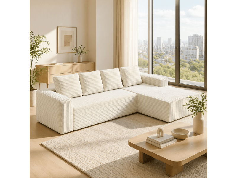  Canapé d’angle tcqpz modulable 4 places 261 x 171 cm avec méridienne à gauche velours côtelé beige  - Conforama D