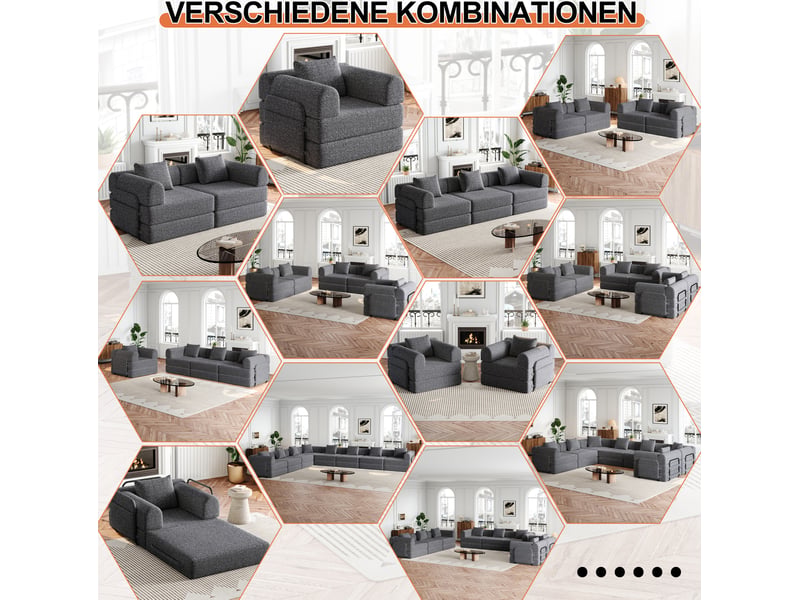  Canapé modulable 274x91,4x69,8cm, rangement d'accoudoir, meuble de salon, structure en métal, revêtement chenille, gris  - Conforama E
