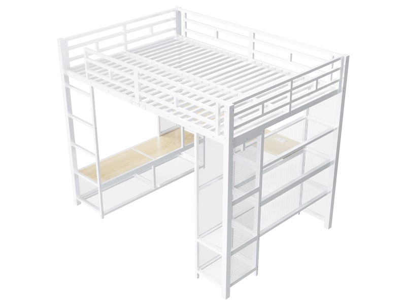  Lit mezzanine blanc 140x200 cm en métal avec penderie ouverte, bureau, étagères, connexion usb et éclairage led réglable  - Conforama E