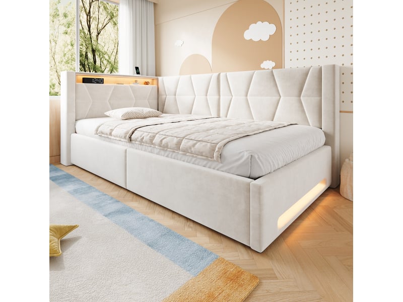  Lit coffre modenvie 90 x 200 cm en velours beige avec led, usb et type c, sommier à lattes  - Conforama D