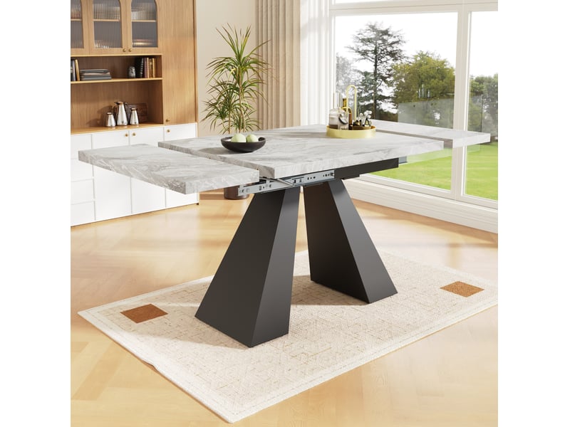 Table de salle à manger extensible, 99-159x74x77 cm, effet marbre, pratique, plateau mdf, piètement métal, coloris gris  - Conforama B