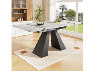 Table de salle à manger extensible, 99-159x74x77 cm, effet marbre, pratique, plateau mdf, piètement métal, coloris gris