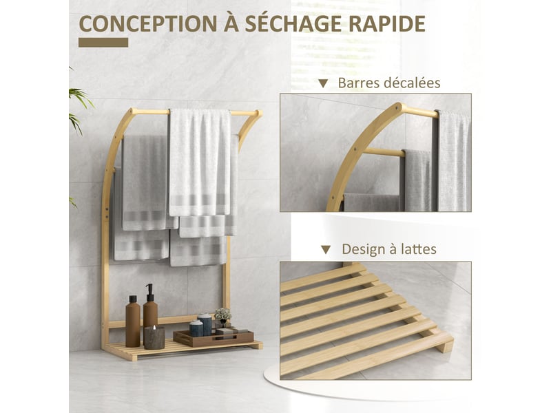 Porte-serviettes en bambou 3 barres avec étagère de rangement, pour la salle de bains et la buanderie, finition naturel - Conforama R