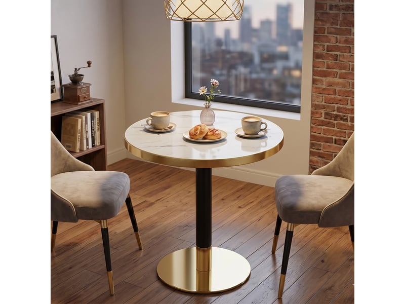  Table d'appoint ronde avec plateau effet marbre et bord doré, piètement central en métal, pour salon, chambre ou balcon  - Conforama C