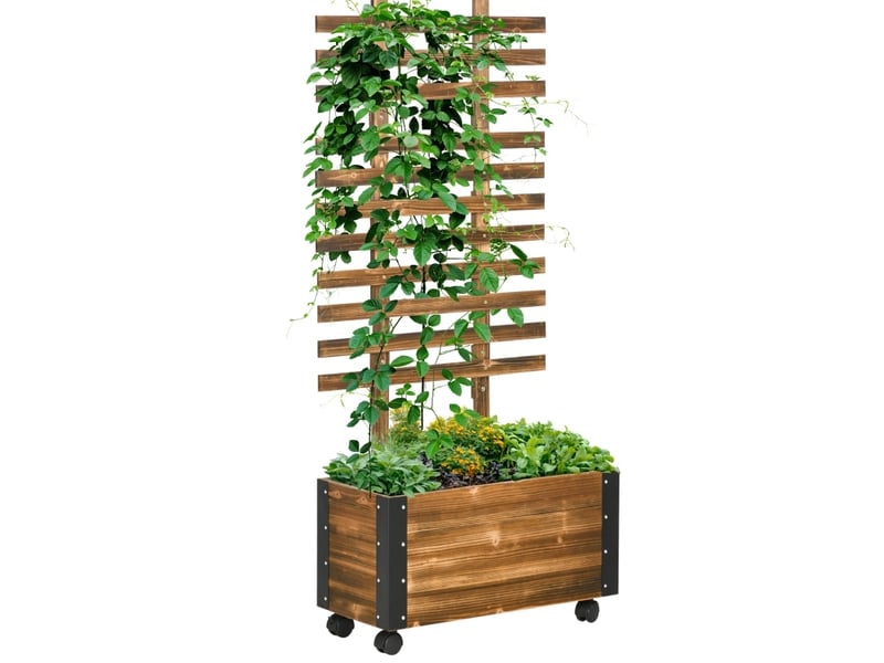 Jardinière surélevée avec treillis à roulettes, bois brun et métal noir, 65 x 31 x 147 cm pour vos plantes - Conforama A