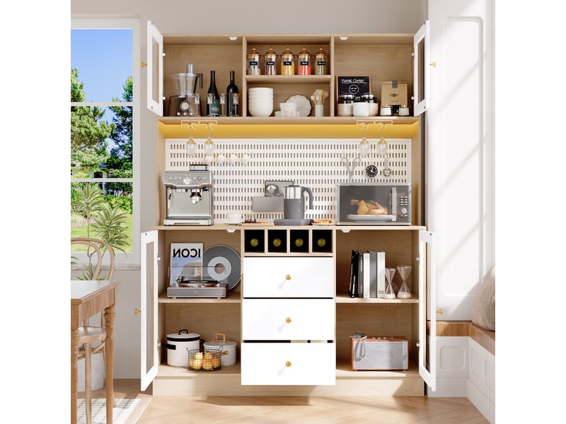  Armoire de cuisine, rangement bouteilles et verres, avec éclairage led, coloris blanc, pour salon, design moderne, pour intérieur  - Conforama E
