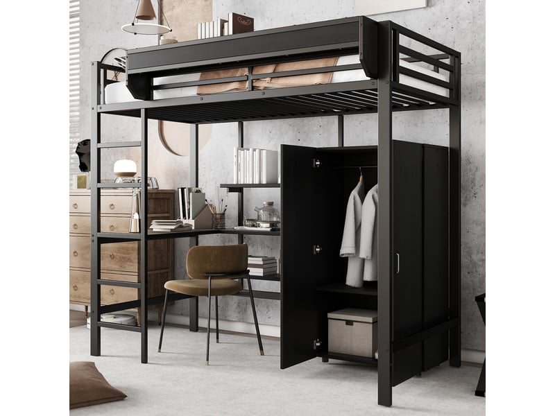 Lit superposé noir avec rangement, bureau et armoire 2 portes  - Conforama E