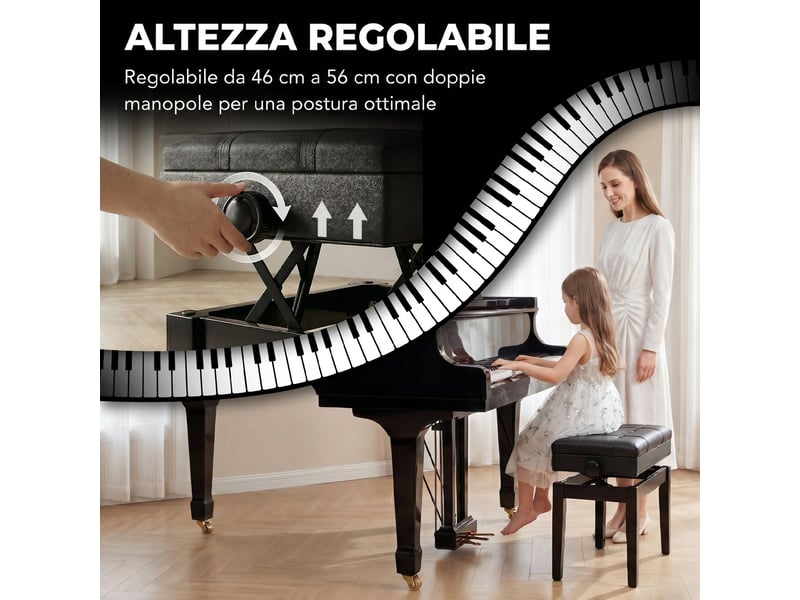  Tabouret de piano avec hauteur réglable et coffre intégré en bois et similicuir aux dimensions 63x35x46-56cm en noir  - Conforama E