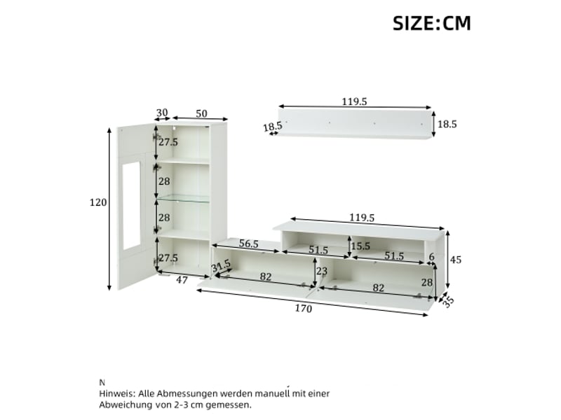 Ensemble meuble tv 3 pièces blanc brillant led – meuble tv, vitrine et étagère murale, tv jusqu’à 75 pouces - Conforama C