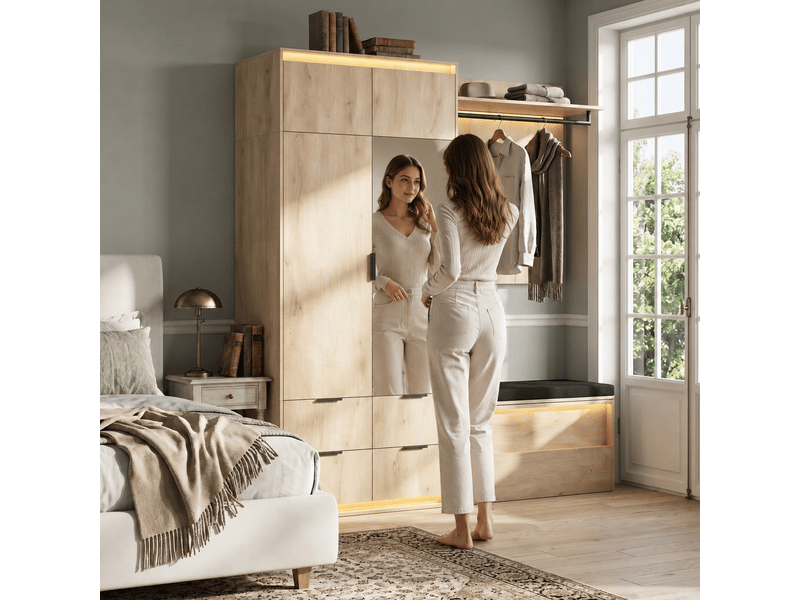 Ensemble vestiaire avec éclairage led et miroir 180 x 47 x 200 cm, armoire d’entrée anthracite et chêne avec 2 tringles, 4 tiroirs et 3 éclairages led - Conforama E