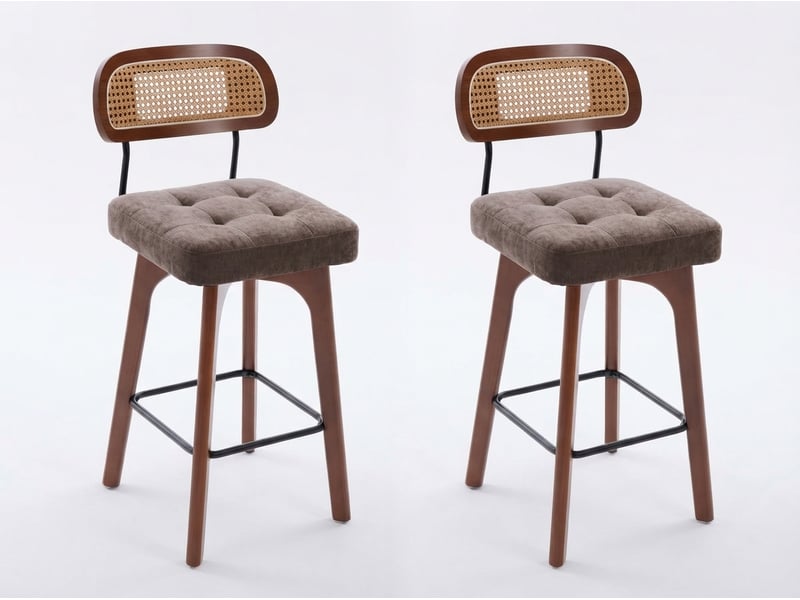  Lot de 2 tabourets de bar pivotants avec dossier effet rotin et assise en chenille beige, piètement bois et métal, design pour îlot central et cuisine  - Conforama A