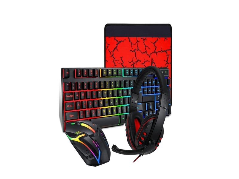  Pack gaming 4 en 1 clavier souris casque tapis – ensemble gamer pc rétroéclairé rainbow avec souris rgb, micro-casque stéréo réglable et tapis antidérapant – noir  - Conforama A