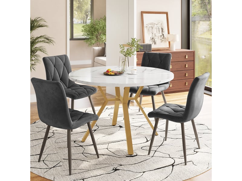  Ensemble table ronde et 4 chaises, plateau effet marbre blanc, pieds en métal doré et sièges ergonomiques en velours gris  - Conforama C