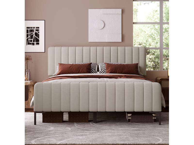  Lit double 140 × 190 cm avec sommier à lattes et tête de lit réglable, en lin beige grisé, pour chambre à coucher  - Conforama D
