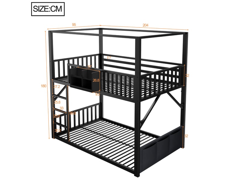 Lit superposé métal 90x200 cm pour enfant et ado, structure simple gain de place avec toit, lit superposé moderne noir - Conforama C