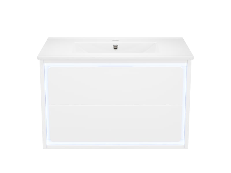 Meuble vasque mural salle de bain blanc 76 cm avec lavabo intégré, led capteur radar et 2 tiroirs silencieux - Conforama A