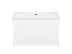 Meuble vasque mural salle de bain blanc 76 cm avec lavabo intégré, led capteur radar et 2 tiroirs silencieux