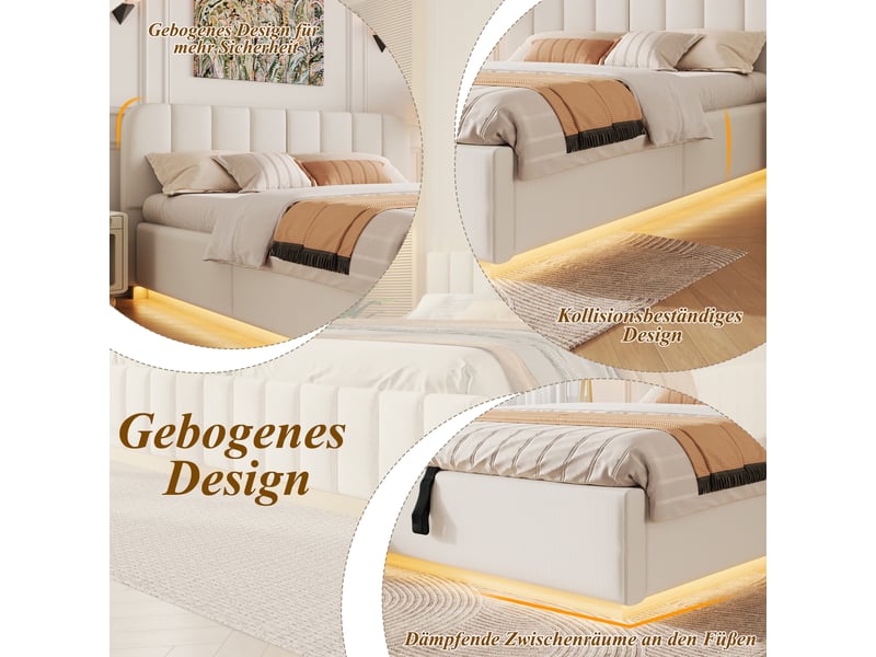  Lit coffre hydraulique 140x200 cm rembourré en chenille beige avec tête de lit, led intégrée et sommier à lattes Morn Vibe - Conforama D
