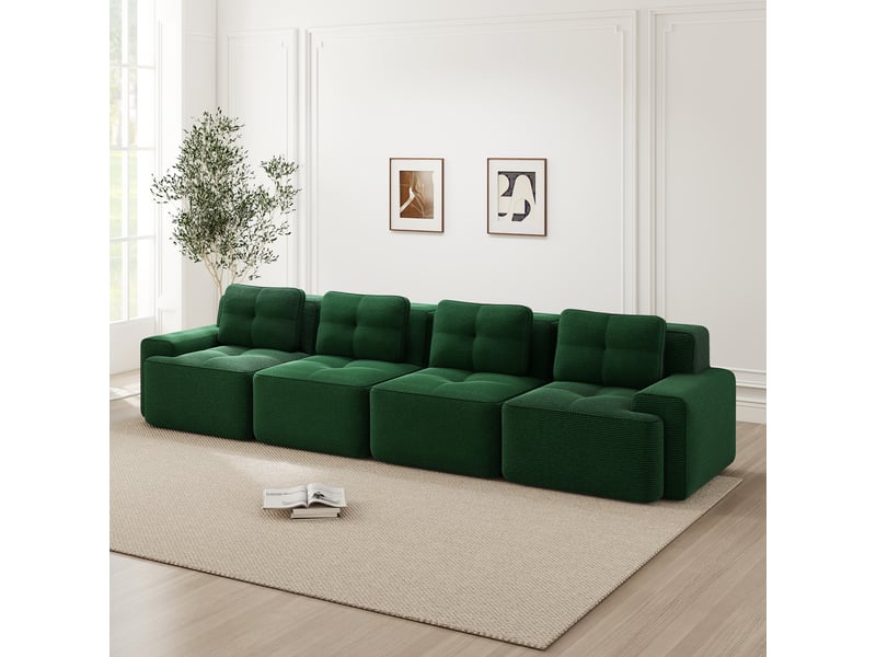 Canapé modulable 4 places sans structure,382x104x69cm,canapé à compression en velours côtelé,assise profonde et rembourrage haute densité 32d - vert - Conforama B