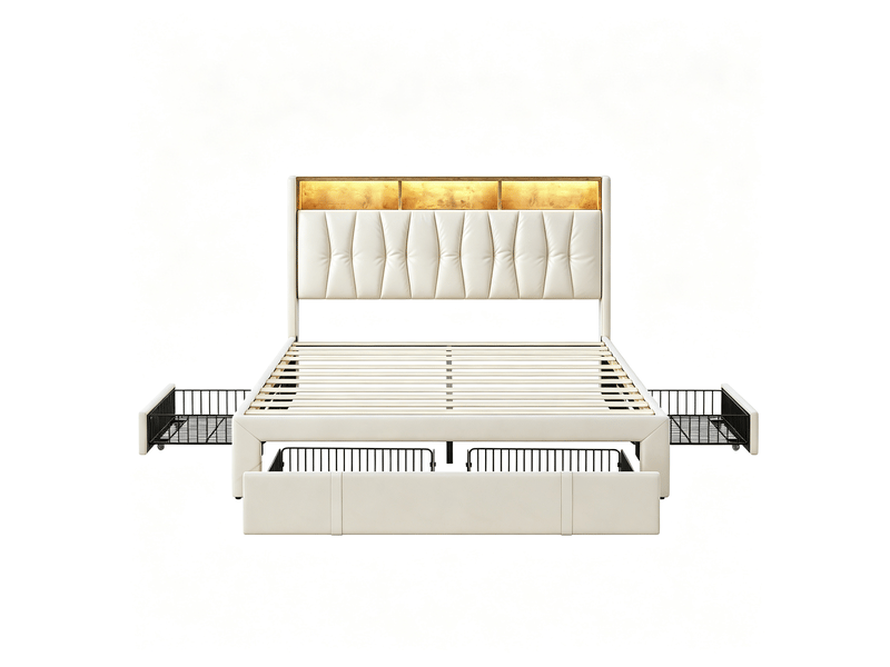  Structure de lit,antibou,140x190 cm,led,avec 4 tiroirs,tissu en lin,cadre de lit 140x190 cm,beige  - Conforama W