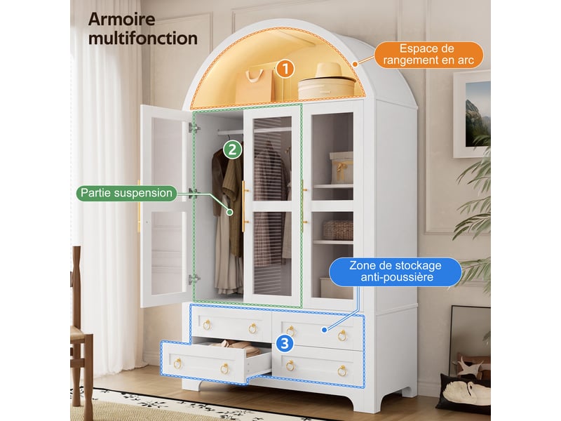  Armoire penderie 110x50x186cm, 3 portes vitrées, 4 tiroirs, tringle à vêtements, led pilotable par application, sommet cintré, poignées en alu, blanc  - Conforama E