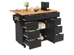 Îlot de cuisine 122x46x91,5 cm avec tablette rabattable transformable en table, 8 tiroirs, pour cuisine, en mdf, noir