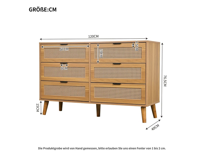  Commode à 6 tiroirs, 120 × 76,5 × 40 cm, avec poignées en métal, meuble de rangement pour chambre, couleur noyer  - Conforama C