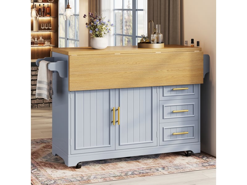  Îlot de cuisine mobile avec roulettes, plateau extensible rabattable, 3 tiroirs et rangements réglables, meuble de cuisine avec porte-serviettes et rangement latéral, bleu  - Conforama E