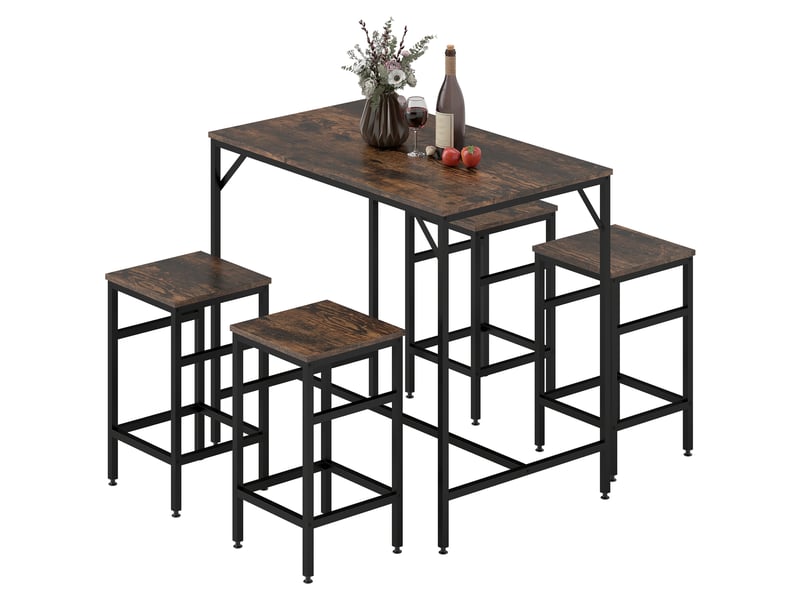 Table haute de cuisine avec 4 tabourets, repose-pieds style industriel, gain de place pour petits espaces, marron rustique  - Conforama B