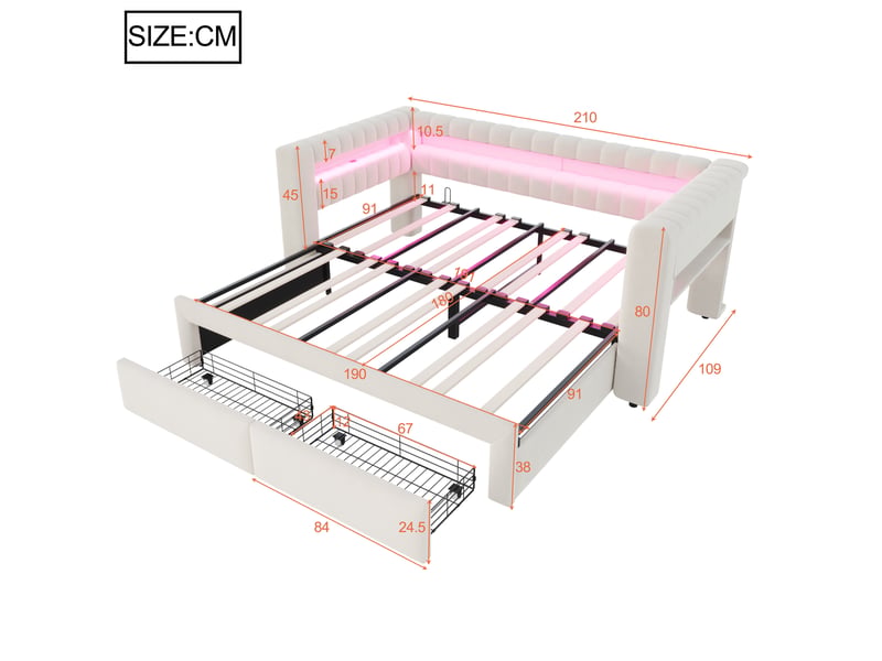 Lit gigogne 90x190 cm - banquette convertible 2 places 180x190 cm - 2 tiroirs, led, usb &amp; type-c - beige  - Conforama C