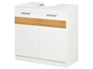 Meuble sous lavabo 60 cm en mdf et bambou, blanc et effet bois, ouverture en u