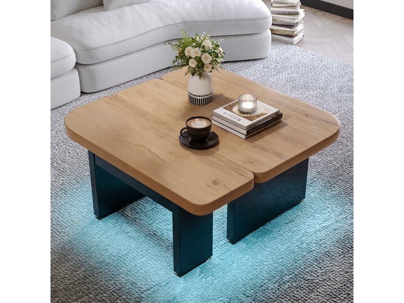  Table basse avec 2 tiroirs, led et design 2-en-1, pour salon, 90 × 60 × 44,5 cm, en mdf, naturel  - Conforama C