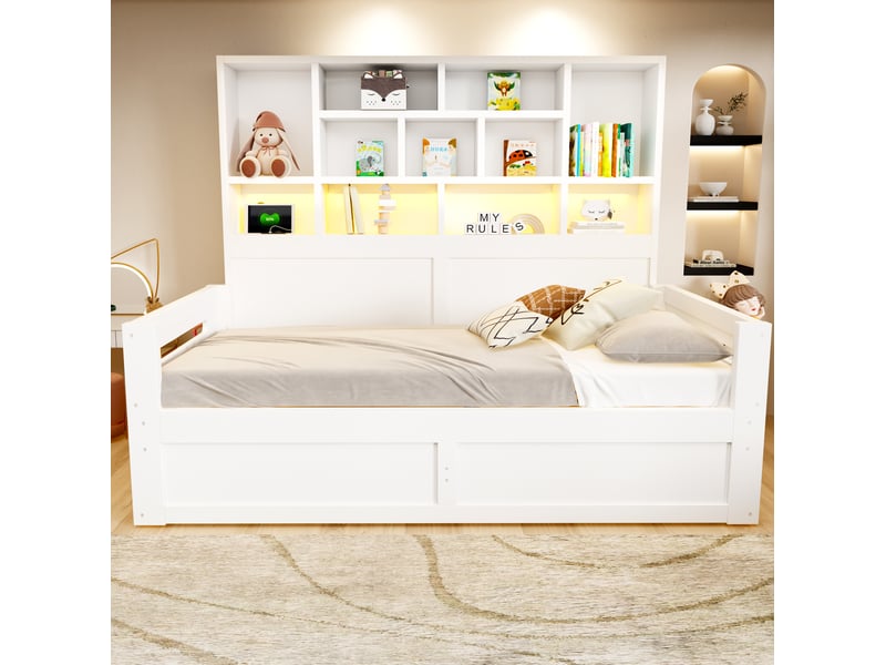 Lit coffre 90x200 cm blanc avec rangement hydraulique, led et prises - Conforama B