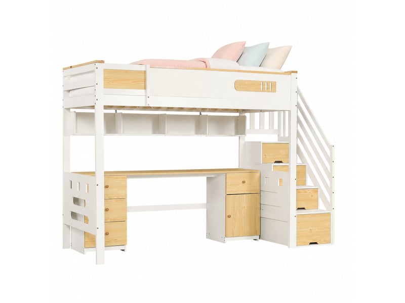  Lit mezzanine modenvie 90 x 200 cm blanc et bois naturel avec bureau, tiroirs, étagère suspendue et escalier de rangement  - Conforama A