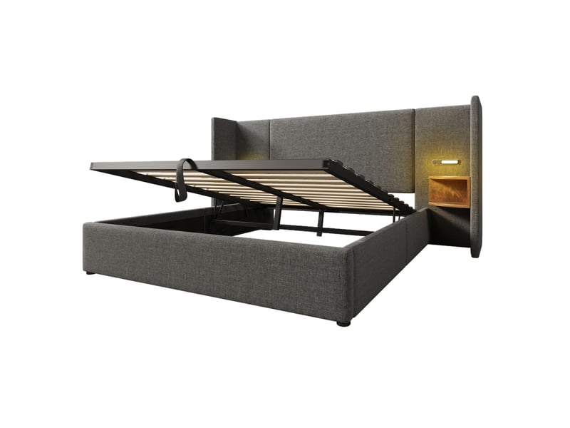  Lit double avec coffre 160x200 cm, tête de lit avec étagère, lampe de lecture, usb, sommier à lattes, tissu lin, gris  - Conforama E