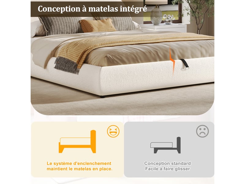  Lit coffre bouclé blanc à tête de lit arrondie 180 x 200 cm Fay Lum - Conforama E