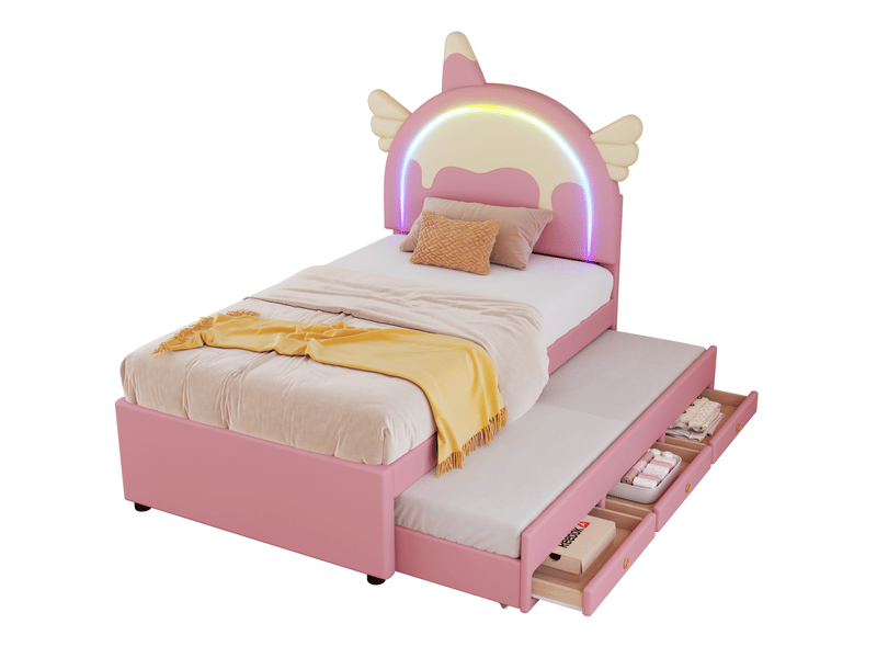  Lit gigogne enfant tcqpz 90 x 200 cm licorne pu rose avec tiroir de rangement  - Conforama A