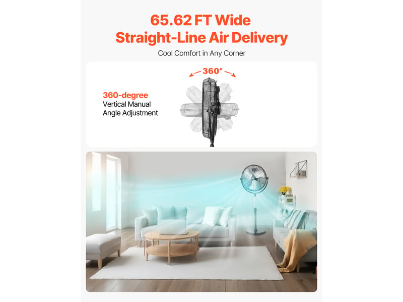  Ventilateur sur pied industriel, 425 mm, ventilateur de sol, hauteur reglable de 1150 a 1470 mm, 3 vitesses reglables, debit deair 4200 cfm, pour chambre a coucher, salon, maison, bureau, noir  - Conforama D