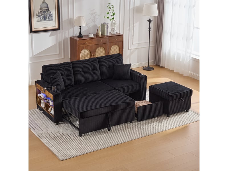  Canapé convertible 196 x 82-144 x 85 cm,coffre de rangement,usb-c, éclairage d’ambiance,porte-gobelets,accoudoirs larges,velours côtelé,noir Bliss Lite - Conforama E