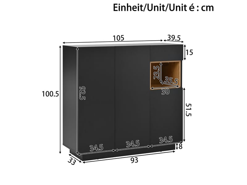  Meuble à chaussures 105x39,5x100,5 cm, meuble d'entrée avec led, tiroir, panneaux de particules, noir, naturel, design  - Conforama C